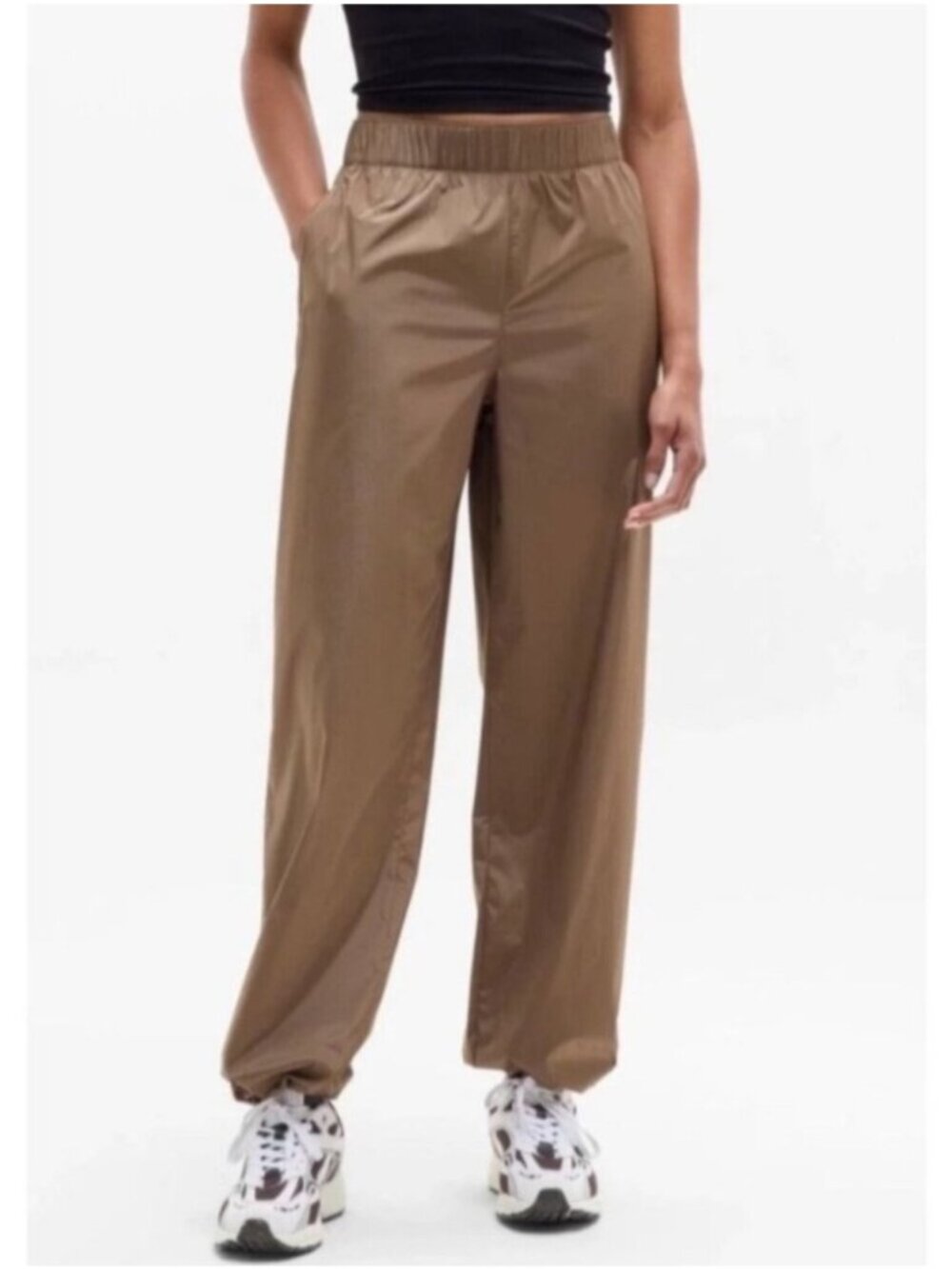 NEW Athleta Rise Pants Wide-Leg Bungee Ankle Windbreaker Pull-On Brown Large